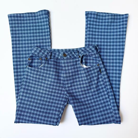 Vintage B'REAL 90's Mid Rise Blue Plaid Flared Pants Women's Small - Picture 1 of 10